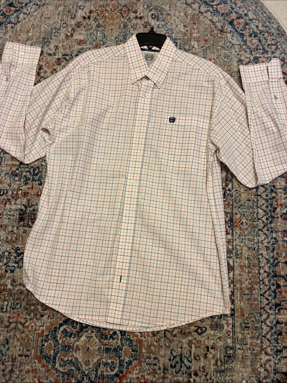 Cinch Men's cream  Button-Down Shirt with Orange & Navy Windowpane